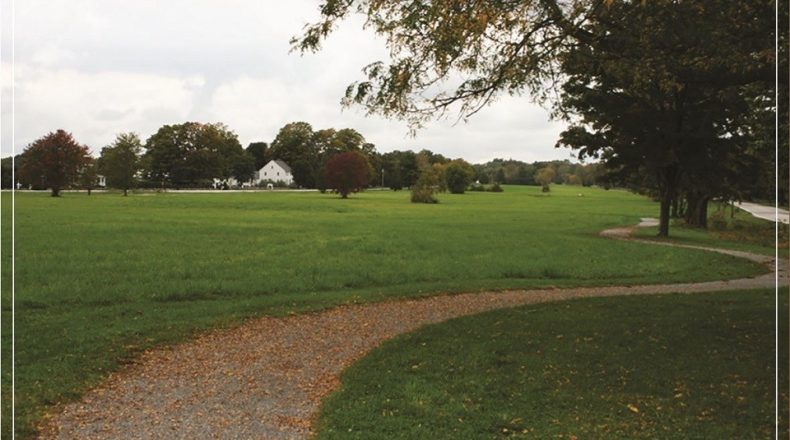 A peaceful landscape showing a winding path through a green field with scattered trees and a distant white house.