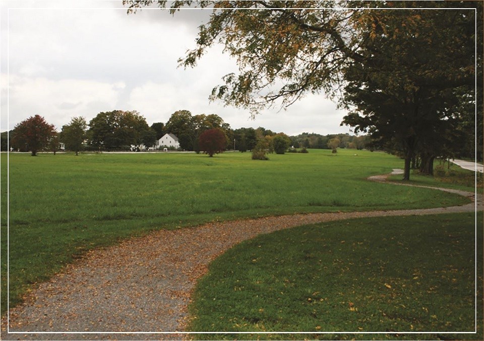 A peaceful landscape showing a winding path through a green field with scattered trees and a distant white house.