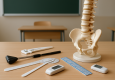 Medical tools and a anatomical spine model arranged on a table in a classroom setting.