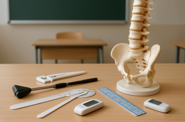 Medical tools and a anatomical spine model arranged on a table in a classroom setting.