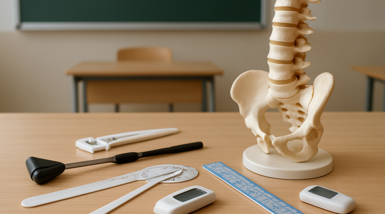 Medical tools and a anatomical spine model arranged on a table in a classroom setting.