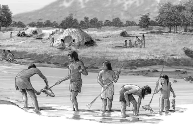 Prehistoric scene depicting people engaged in fishing and gathering near a riverbank.