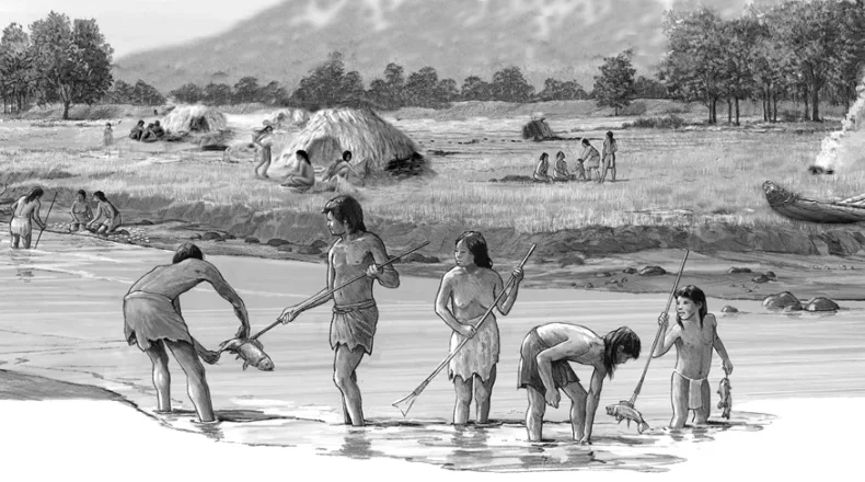 Prehistoric scene depicting people engaged in fishing and gathering near a riverbank.