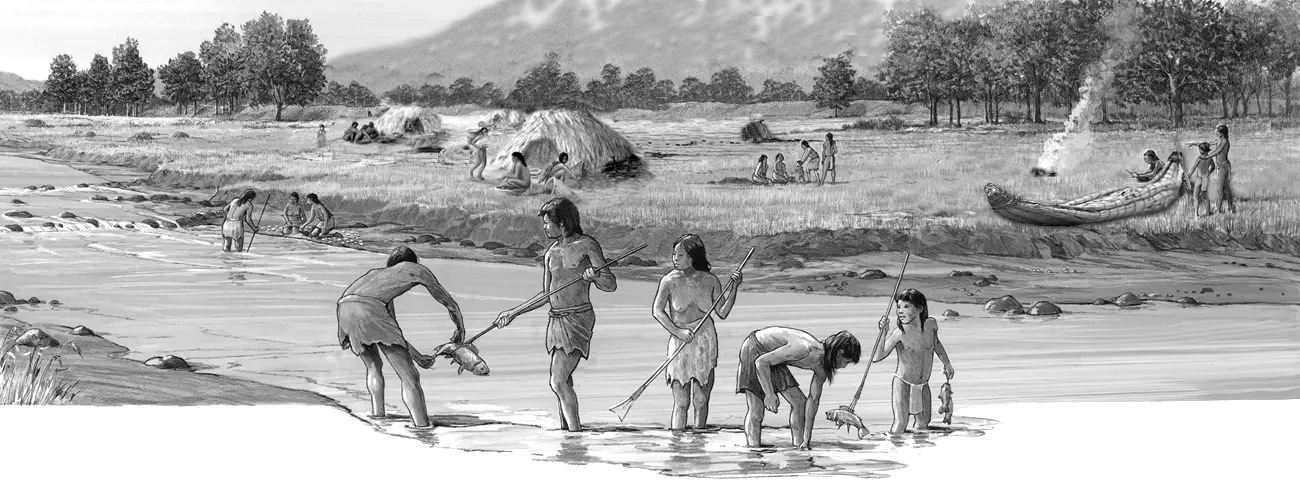 Prehistoric scene depicting people engaged in fishing and gathering near a riverbank.
