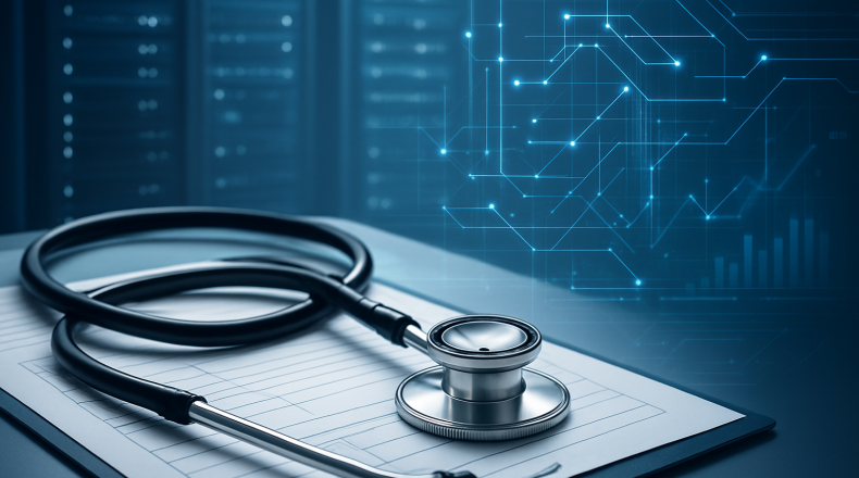 A stethoscope on a medical chart with a digital background featuring circuit patterns.