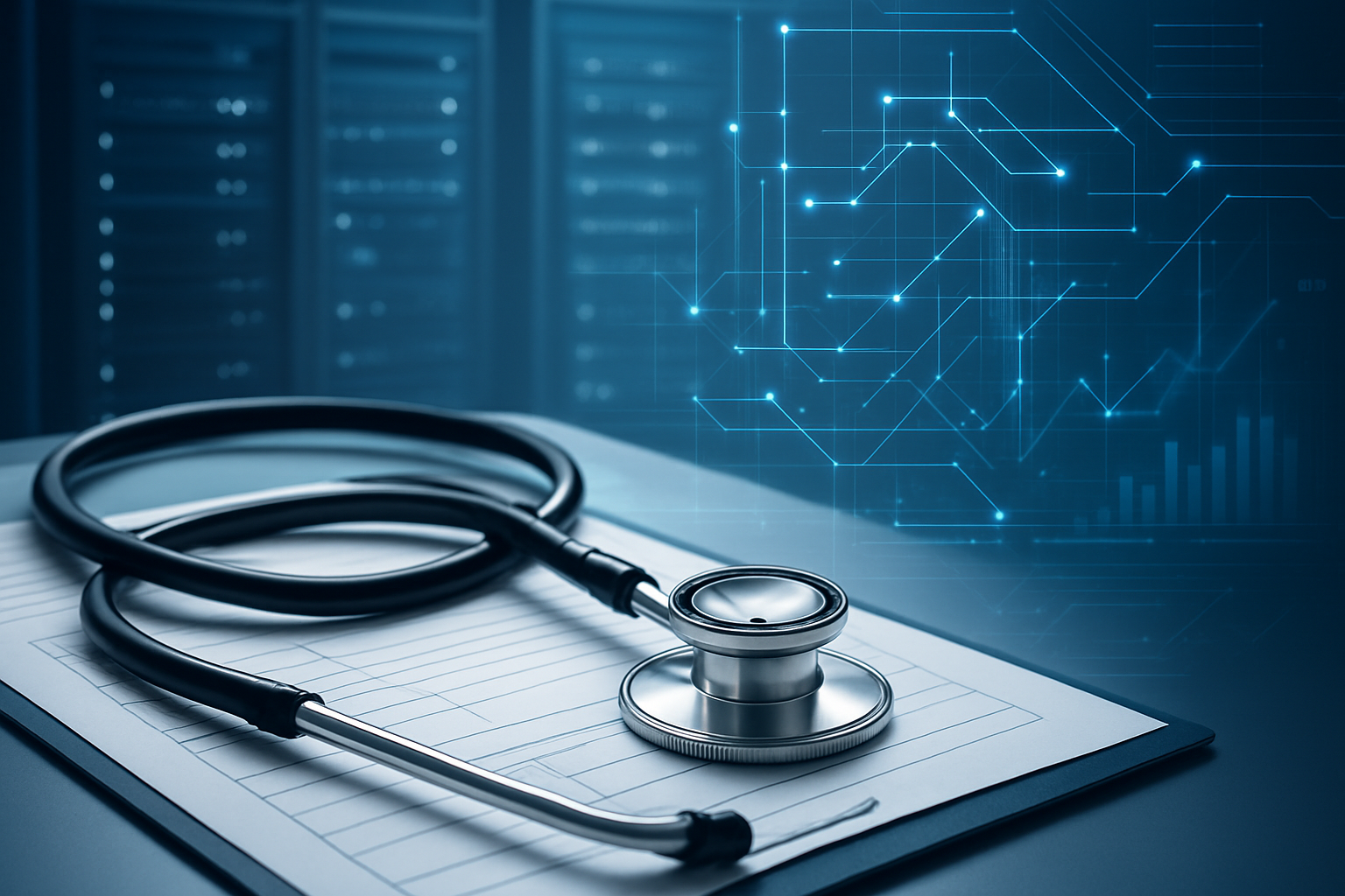 A stethoscope on a medical chart with a digital background featuring circuit patterns.